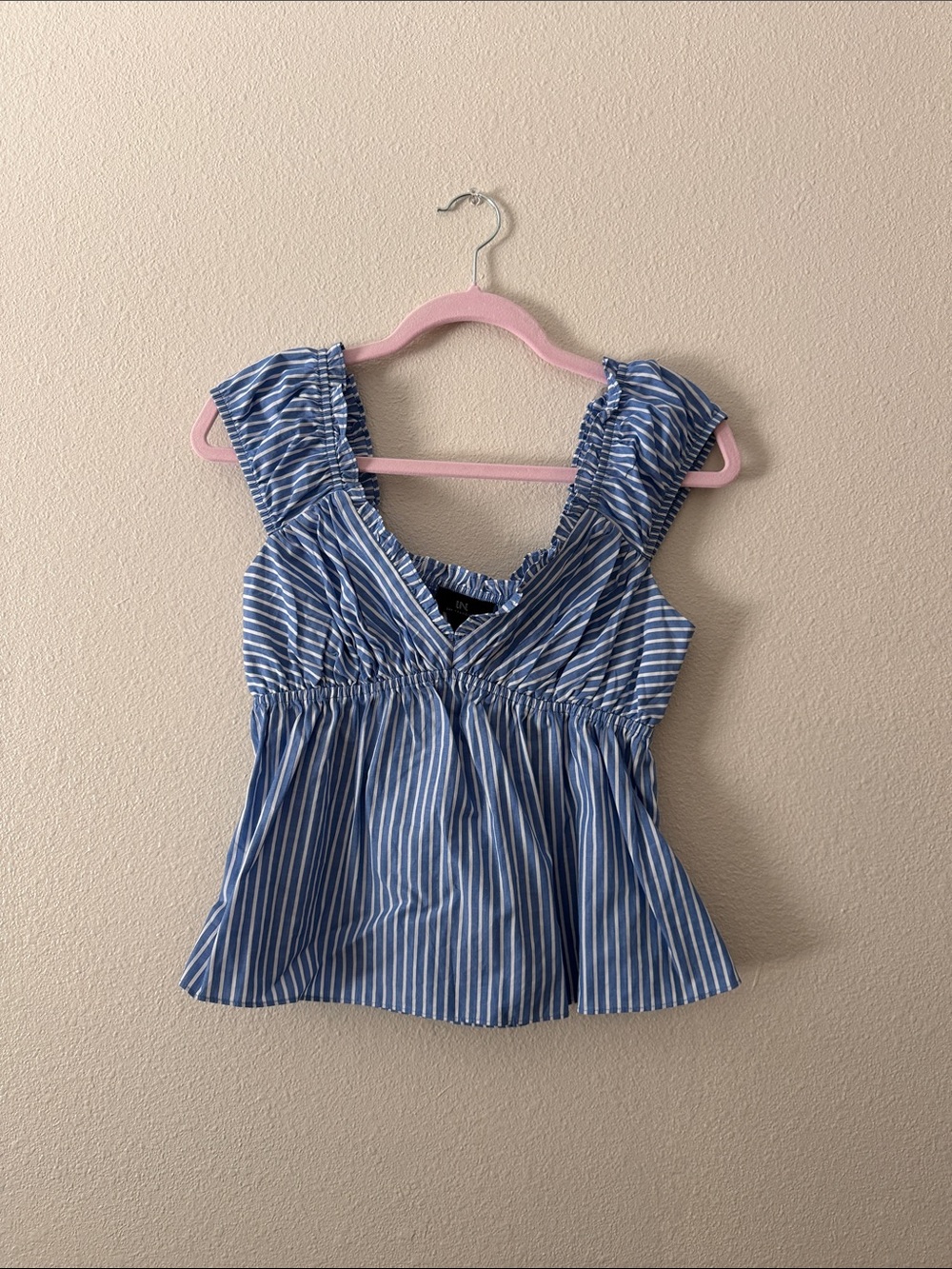 I.N. San Francisco Blue and White Striped Ruffle Sleeve Top